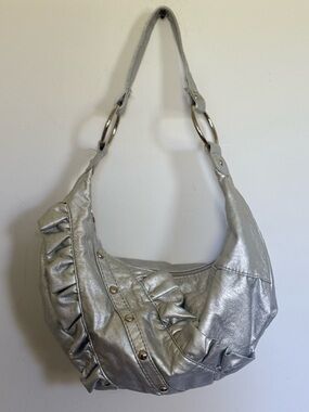 Metallic Silver Hobo Bag Ruched Bow Slouchy Shoulder Purse Studded